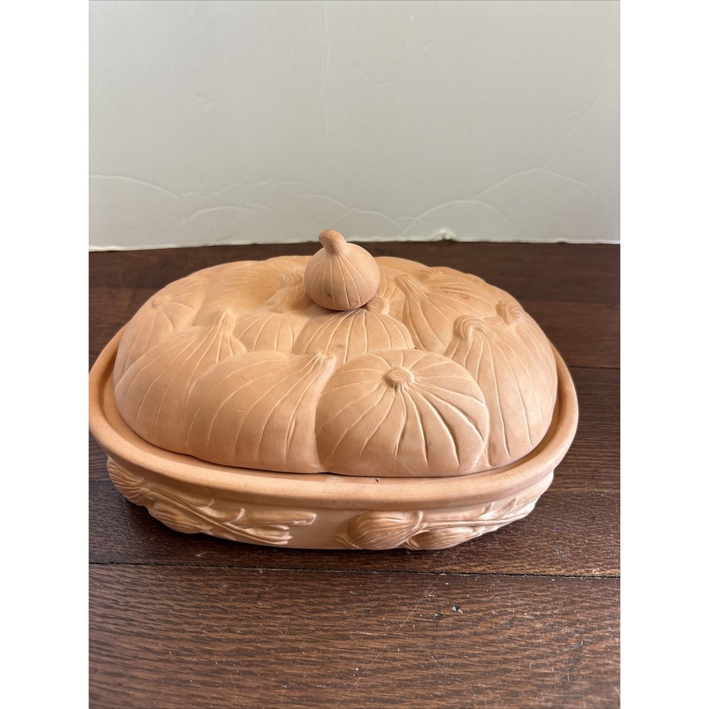 Terra Cotta Garlic Roaster Baking Dish‎ Casserole Oval Boston Warehouse 1994